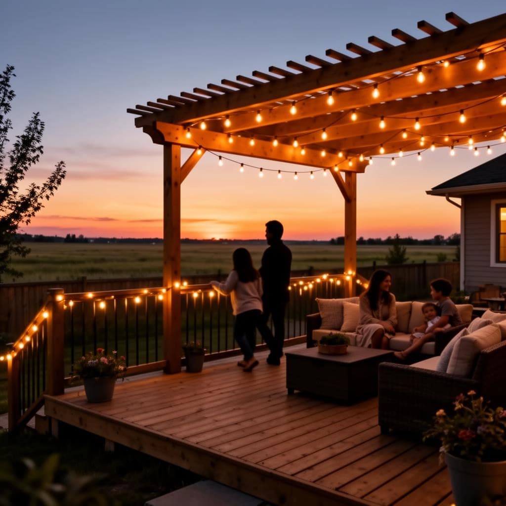 Family enjoying backyard deck at sunset