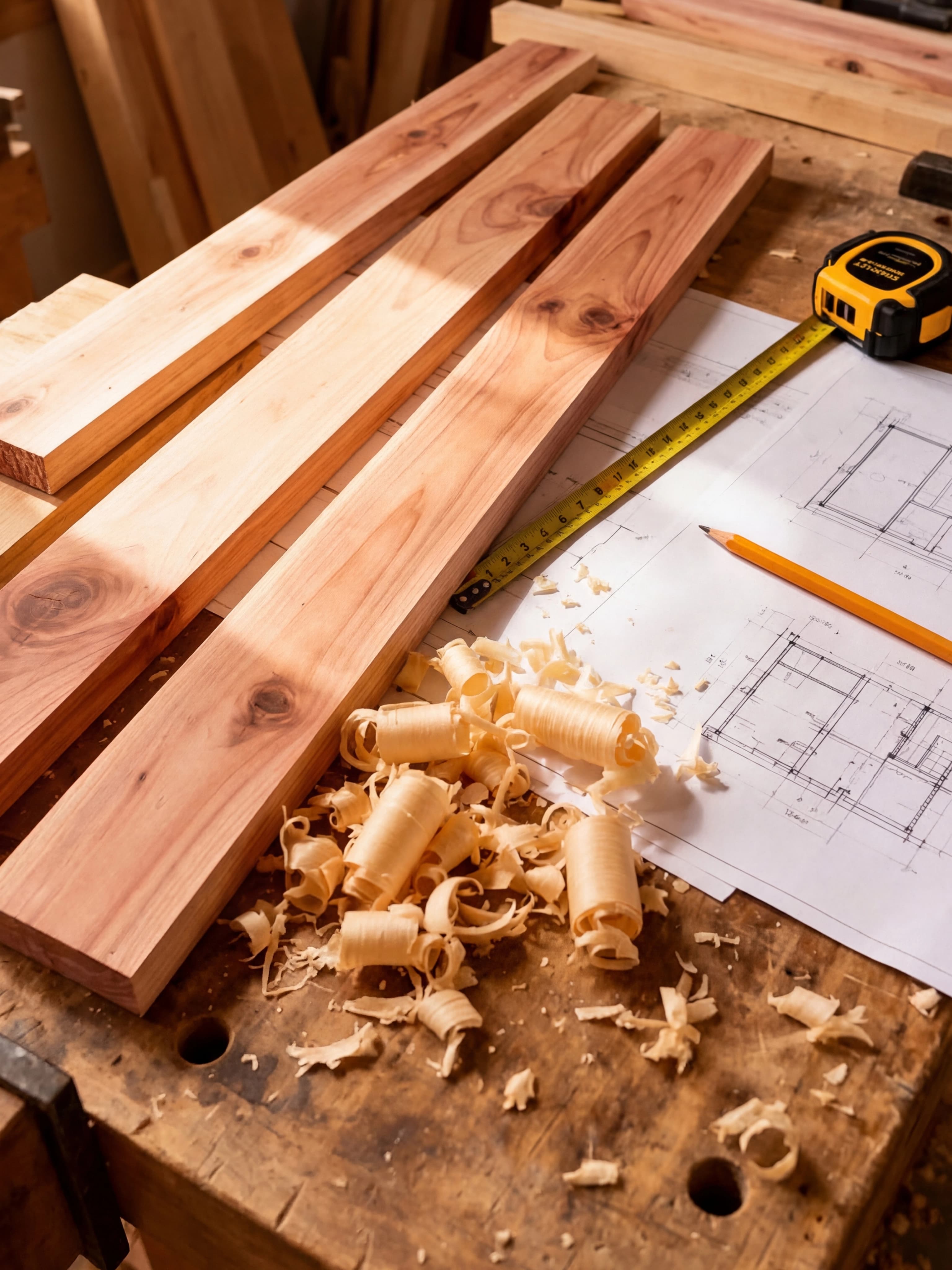 Craftsmanship workshop with cedar wood and blueprints